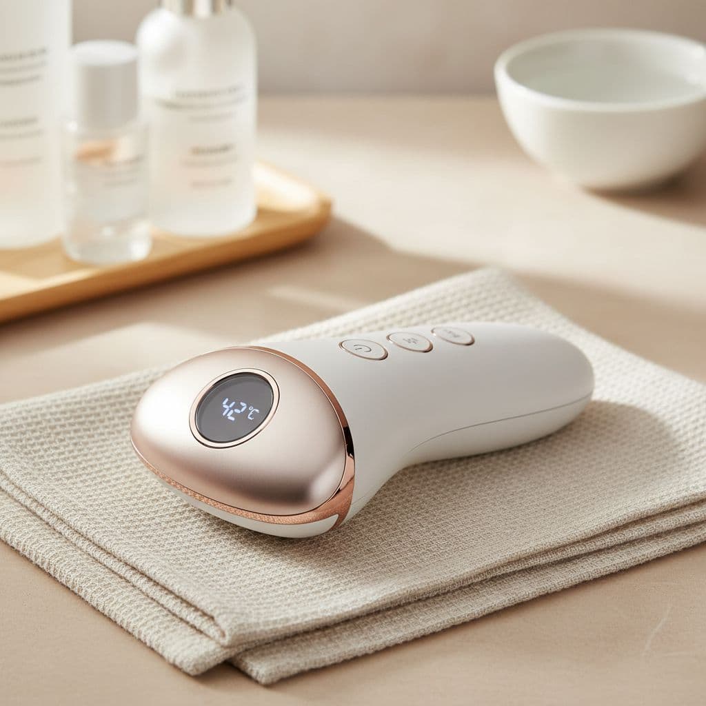 Professional editorial-style visual of a handheld RF skin tightening device showcasing visible temperature sensor and control buttons on a soft towel in a spa-like home setting with warm lighting and neutral beige background.