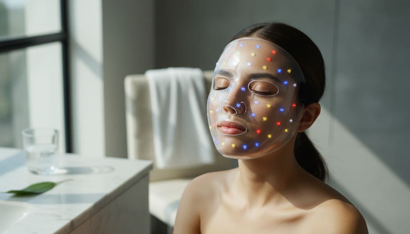 A person with light olive skin tone wears a flexible hands-free LED face mask while sitting serenely at a vanity mirror in a bright bathroom with soft natural daylight and a simple white towel background.
