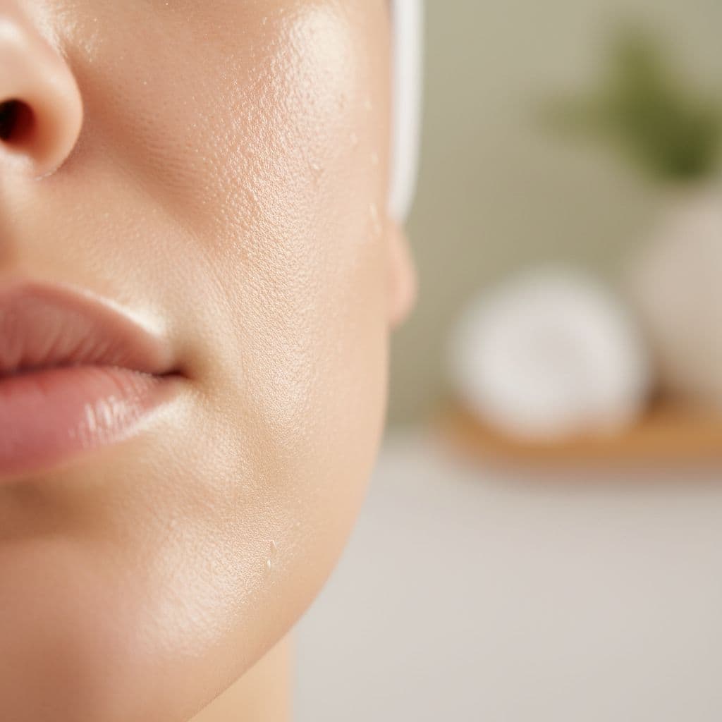 Serene close-up of calm, hydrated facial skin after cleansing, featuring a subtle glow with no redness or irritation, soft focus on pores and texture against a blurred neutral spa background.