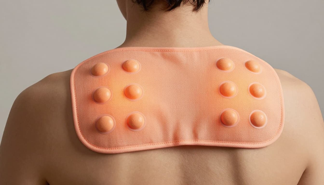 Close-up view of a heated shoulder massager applied to the upper back and neck, featuring heat pads and massage nodes gently pressing with visible fabric texture and warm glow from heat.
