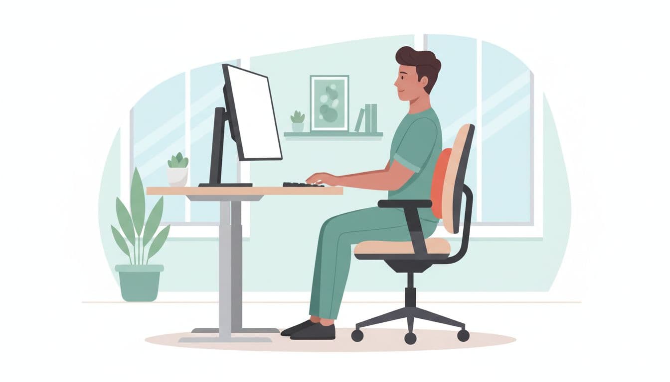 Simple vector illustration of an office worker at an adjustable desk maintaining perfect ergonomic posture with screen at eye level, supportive chair for lower back, feet flat on floor, relaxed shoulders, and neutral neck in a bright modern workspace.