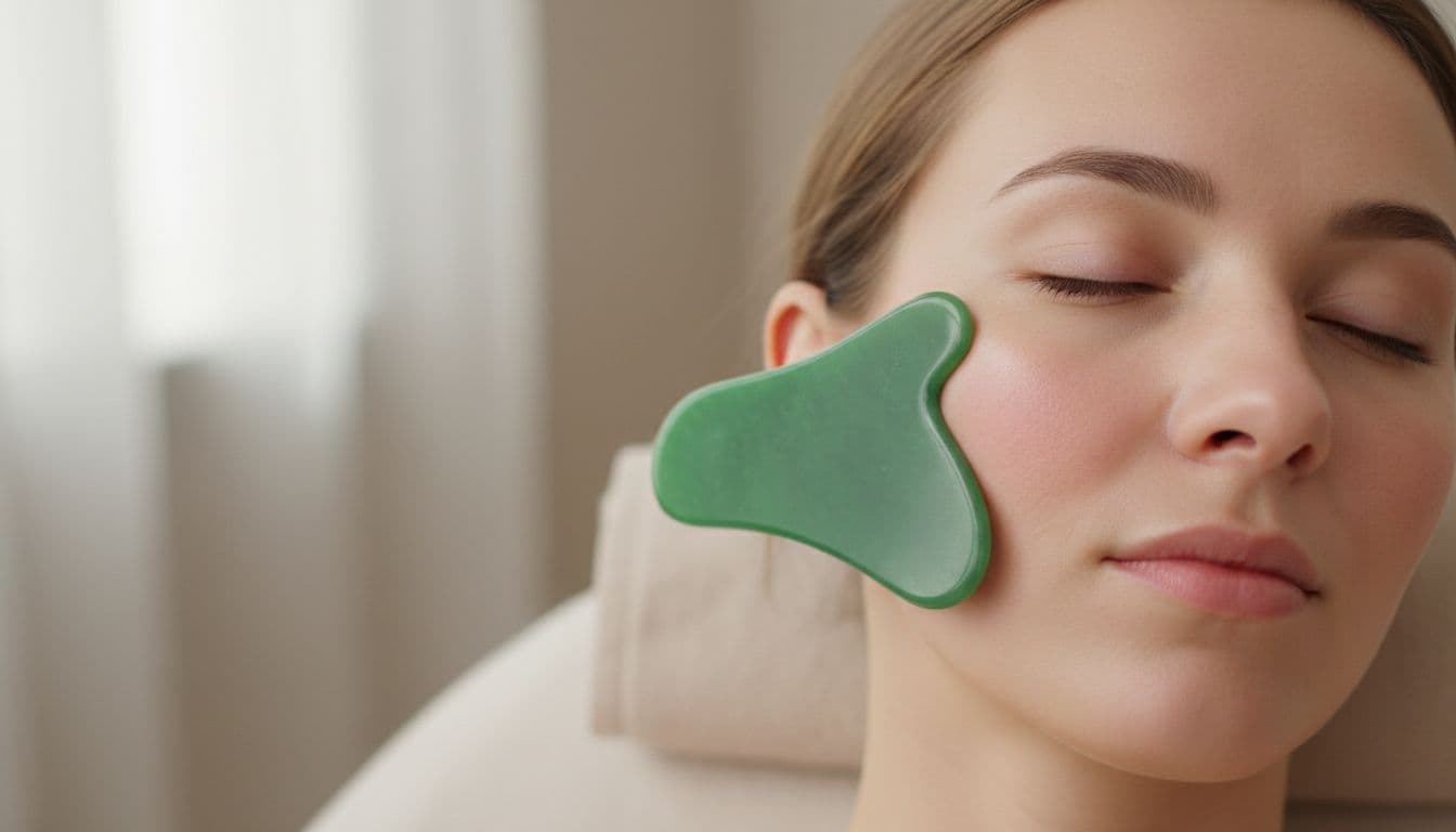 Close-up of a jade gua sha tool gliding over a woman's cheek in a spa setting, highlighting reduced puffiness and realistic skin texture under soft natural lighting.