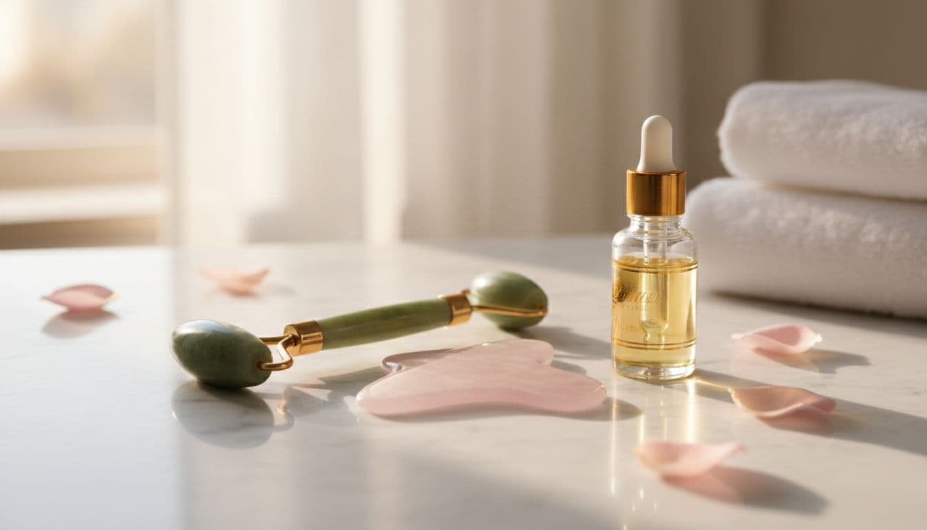 Jade roller and rose quartz gua sha tool arranged neatly on a clean white marble bathroom counter next to a small glass bottle of facial oil, with soft morning light creating a minimalist aesthetic.