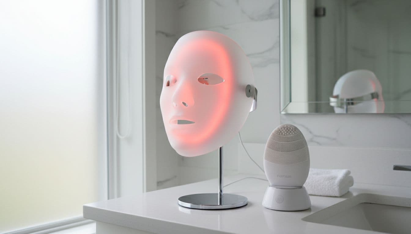 Flexible LED light therapy mask on a simple stand in a bright modern bathroom with soft red glow, sonic facial cleansing brush nearby on counter, clean minimalist style and natural daylight.