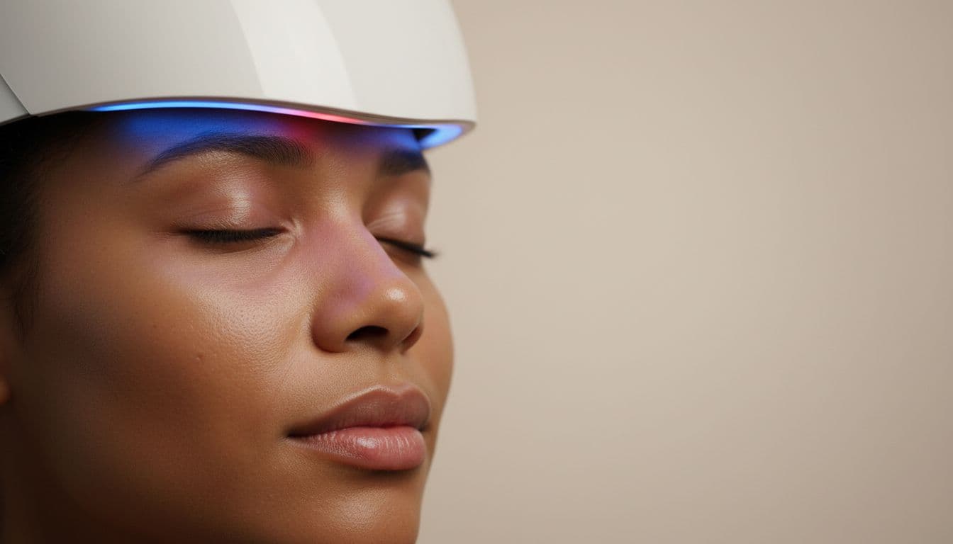 Close-up professional shot of a modern LED light therapy mask on a model's medium brown textured skin, highlighting subtle red and blue glow on cheek and forehead in a clean beauty aesthetic.