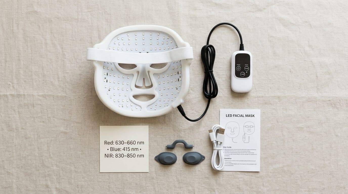 Flat-lay of a generic LED mask and accessories on a neutral surface, including remote controller, charging cable, protective eye inserts, instruction leaflet, and a wavelength card specifying Red: 630–660 nm, Blue: 415 nm, NIR: 830–850 nm. Crisp focus with minimal shadows, realistic professional color grading, and sharp natural lighting.