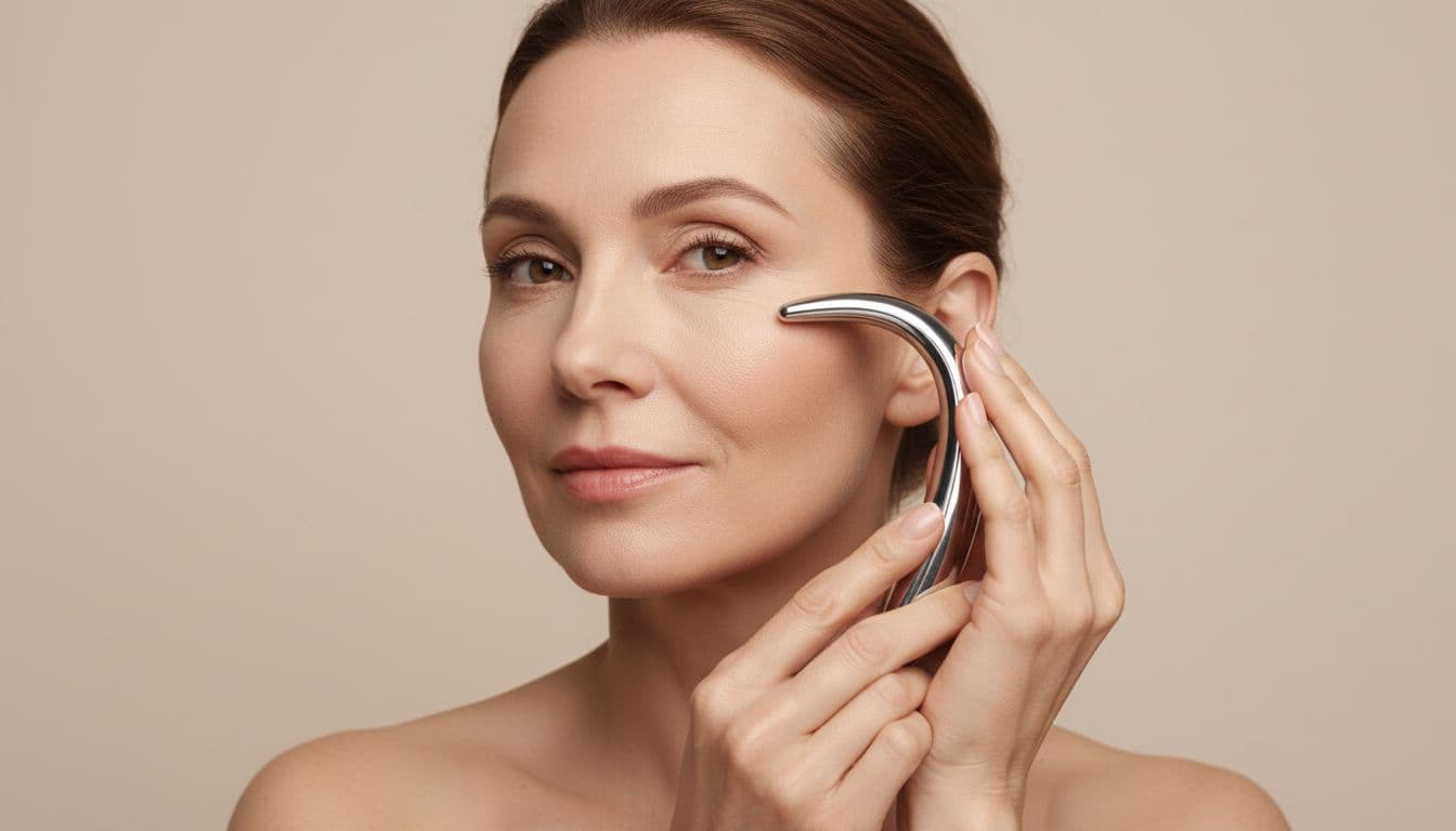 A 55-year-old woman with realistic skin texture and fine lines gently applies a sleek handheld microcurrent device to her jawline and cheek in an elegant close-up portrait. Professional editorial-style skincare visual with soft natural lighting on a clean neutral background.