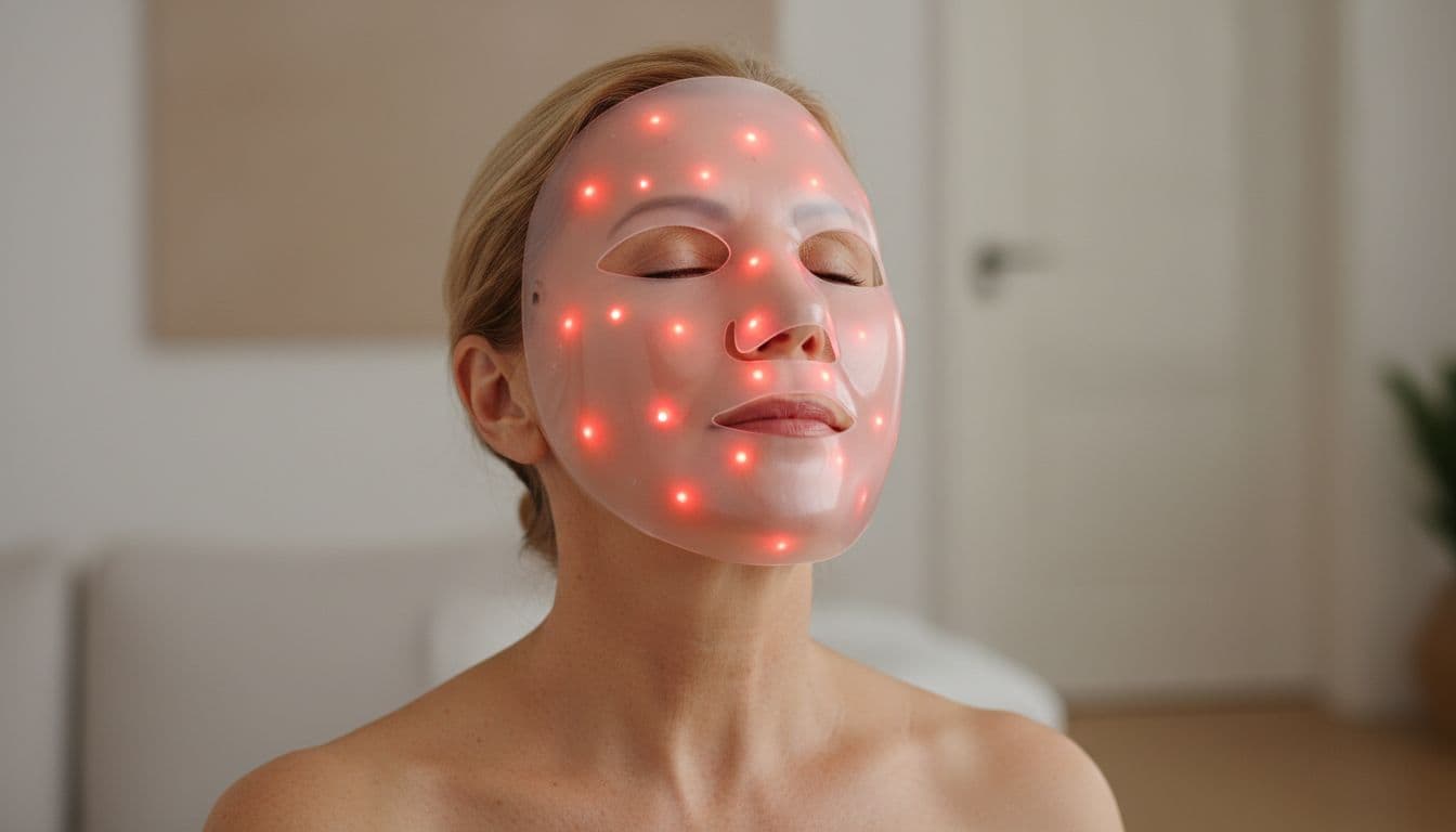 A 60-year-old woman wears a flexible red LED light therapy mask over her face with eyes closed in a relaxed pose, set in a simple home environment with realistic skin texture on her neck and soft lighting.