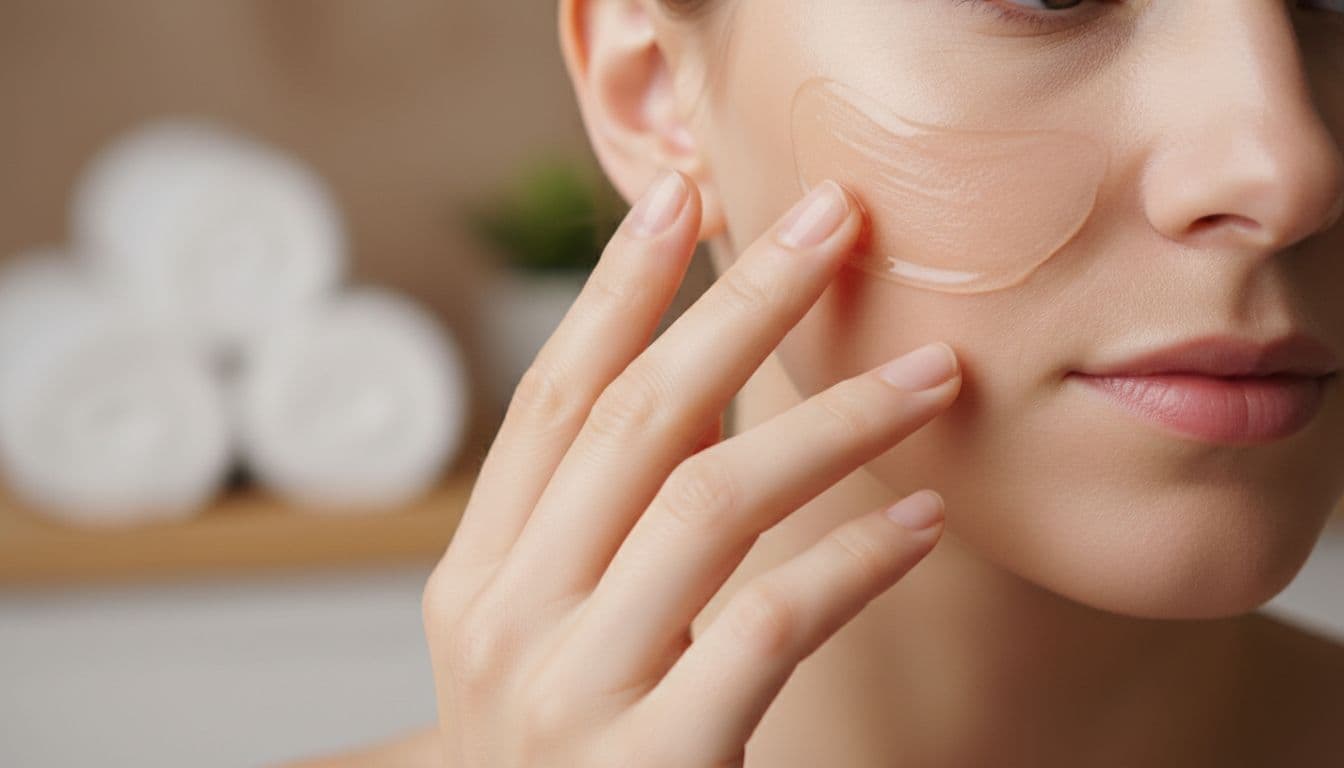 Close-up of clear conductive gel being gently applied with fingertips to a woman's clean face on the cheek and jaw area before microcurrent treatment, under soft spa lighting in a clean beauty routine style.