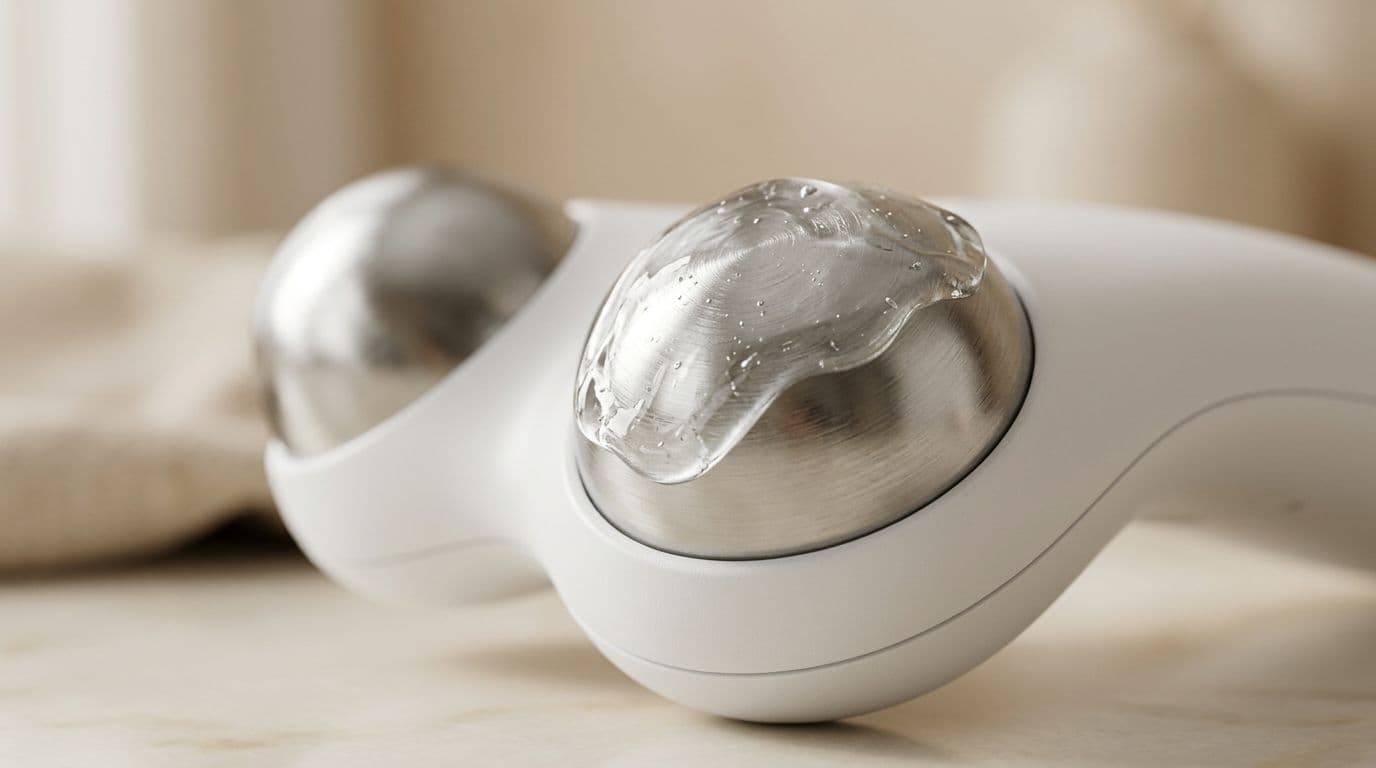 Close-up view of a microcurrent facial device head with a thin layer of clear conductive gel applied, showing subtle texture and shine, against a soft beige background. Clean, modern dermatology med-spa aesthetic with neutral palette, soft diffused lighting, and shallow depth of field.