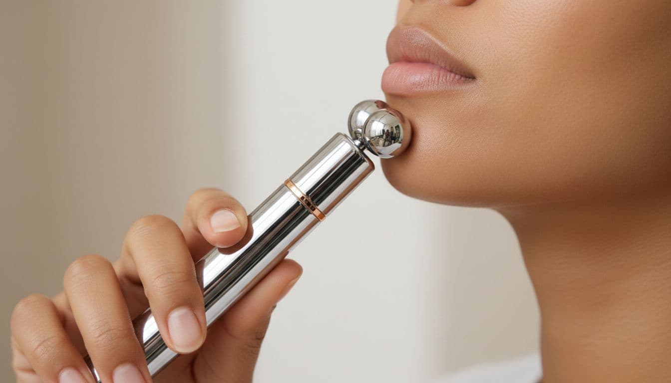 Sleek handheld microcurrent facial tool gliding along a model's diverse light brown jawline showing uneven texture, in a professional clean beauty aesthetic with soft clinical lighting.