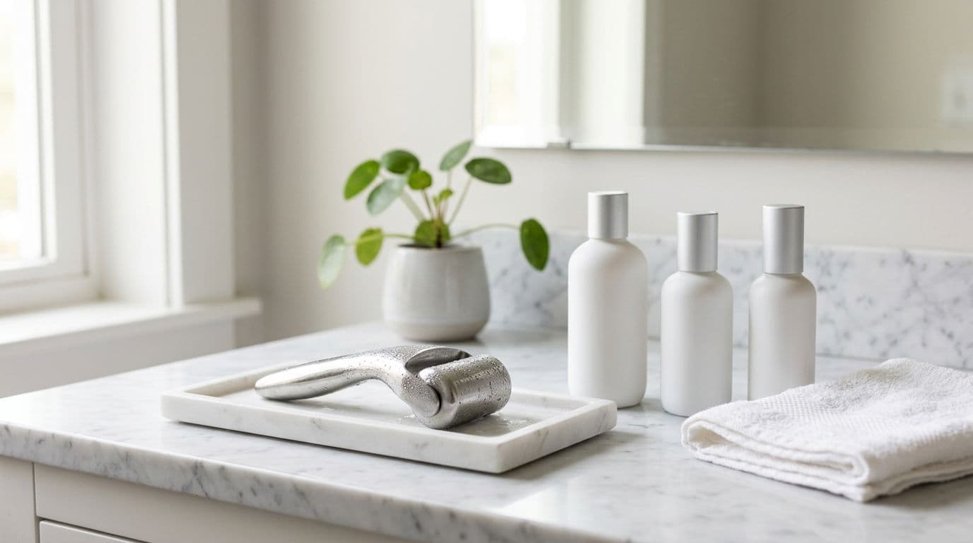 Clean modern bathroom vanity in soft natural morning light, featuring stainless-steel ice roller with condensation on white marble tray, minimalist skincare bottles, folded towel, and subtle green plant.