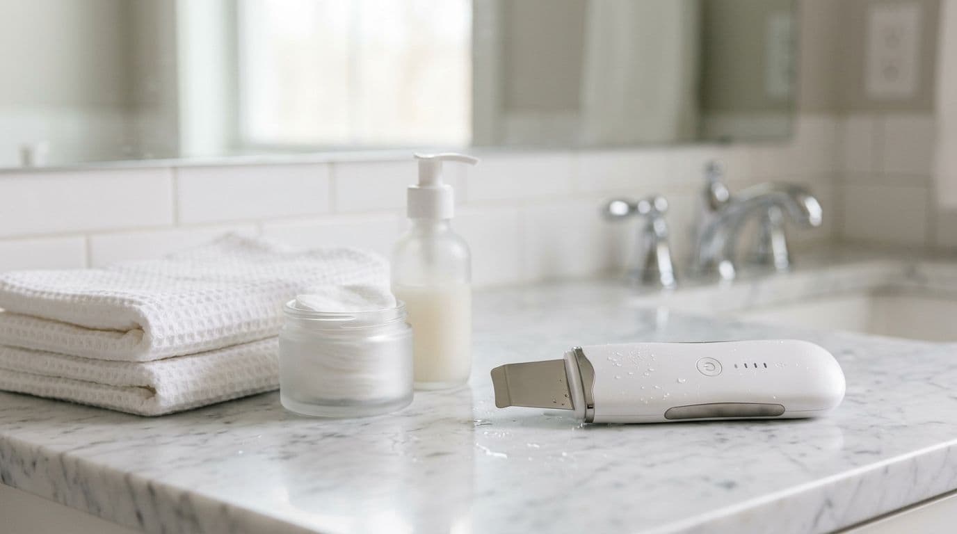 Photorealistic image of a modern ultrasonic skin scrubber with flat stainless-steel spatula tip next to minimal skincare items like clean towel, cotton pads, and gentle cleanser on a marble counter in a clean clinical bathroom setting with subtle water droplets.