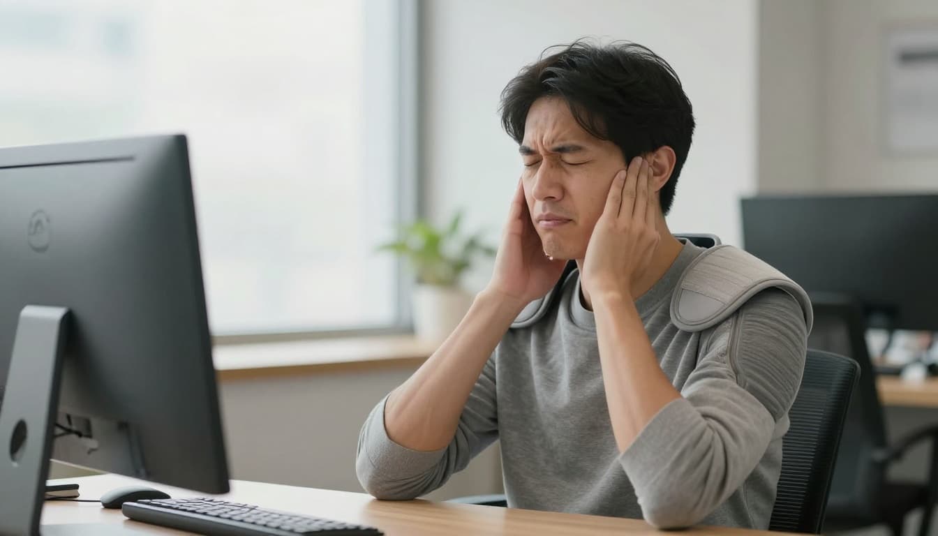 A person at an office desk hunches shoulders from tension while wearing a comfortable heated shoulder massager wrap, their face starting to unwind in a modern workspace with computer and soft natural window lighting.