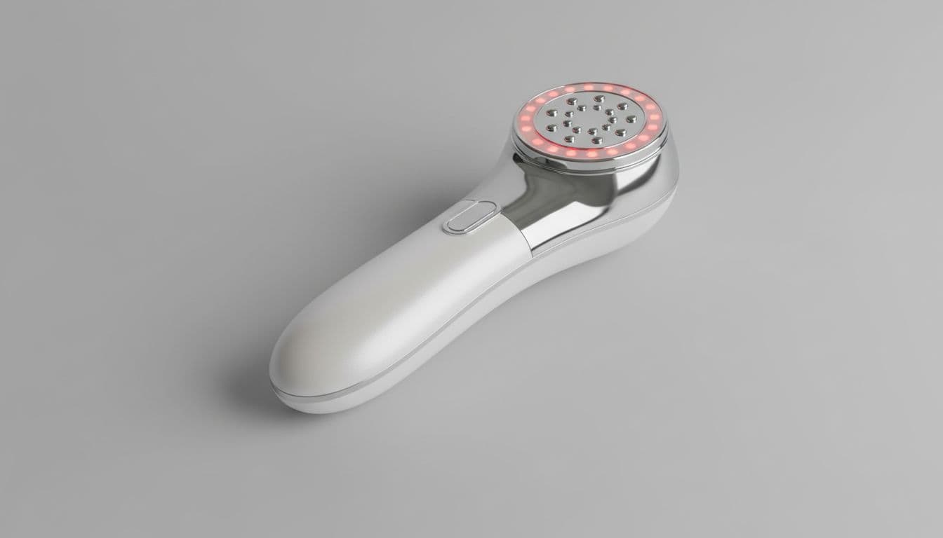Sleek ergonomic portable 4-in-1 skincare wand with microcurrent and red LED, captured in close-up angled composition on neutral gray background for professional skincare editorial imagery.