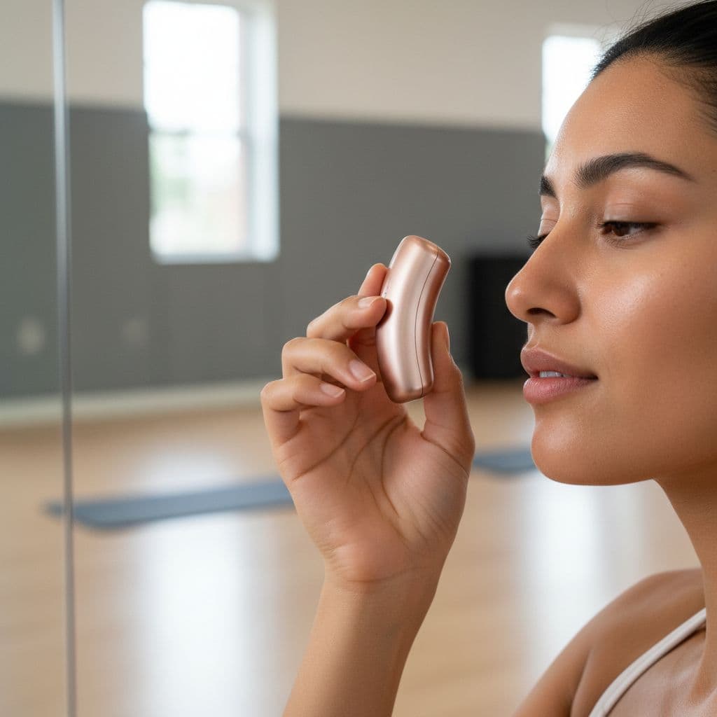 Portable microcurrent device for de-puffing under eyes held loosely by one person in a gym mirror setting with soft lighting and clean composition.