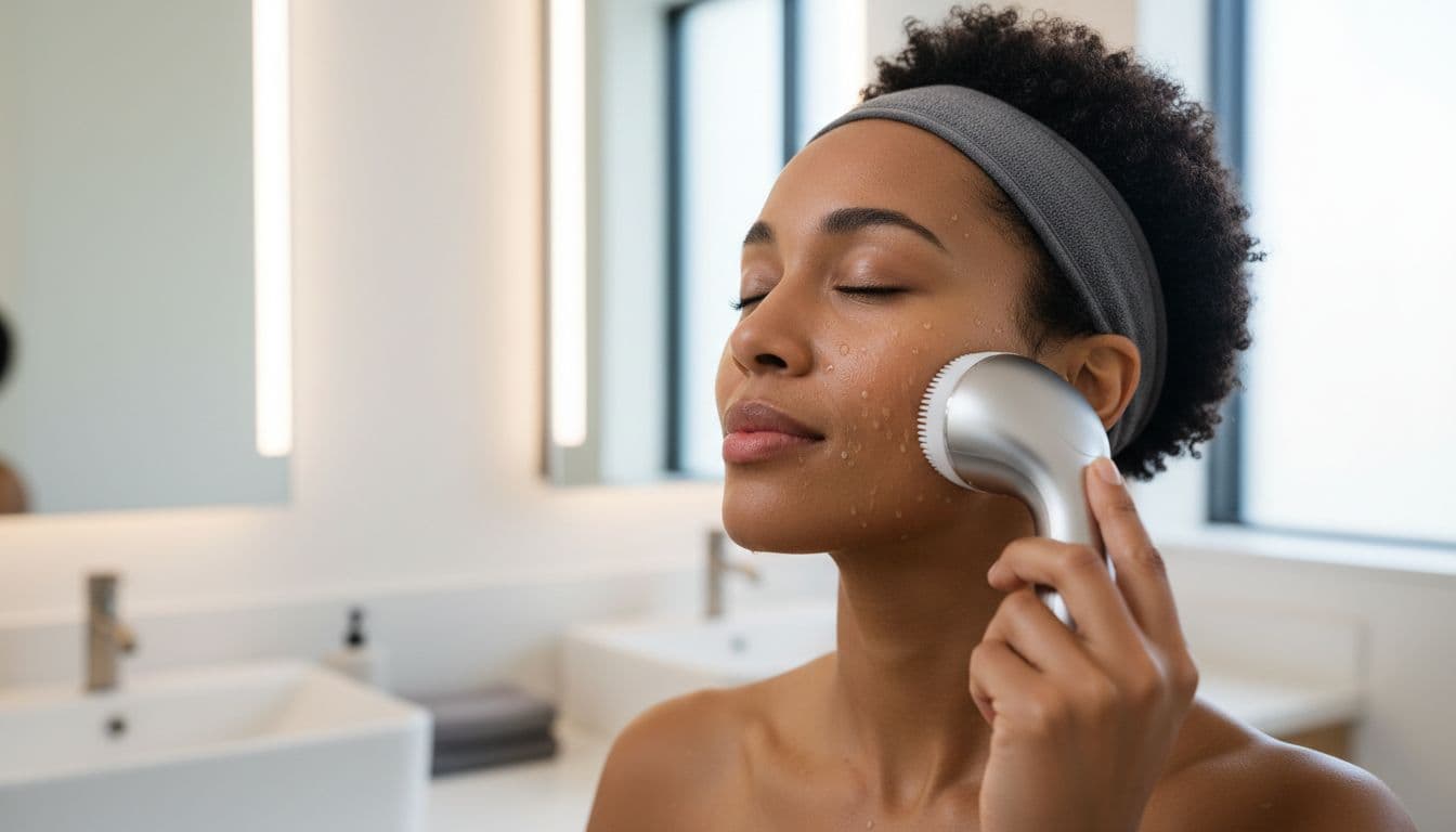 A diverse adult uses a modern facial cleansing brush in a bright gym bathroom after a workout, featuring a close-up on the face and tool with soft natural lighting and a clean premium wellness aesthetic.