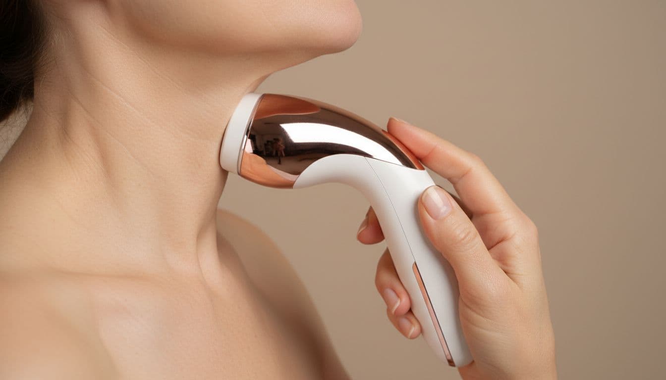 Elegant handheld radiofrequency skin tightening device glides smoothly over a mature woman's neck, showcasing realistic fine lines and texture in a close-up side view with soft lighting.