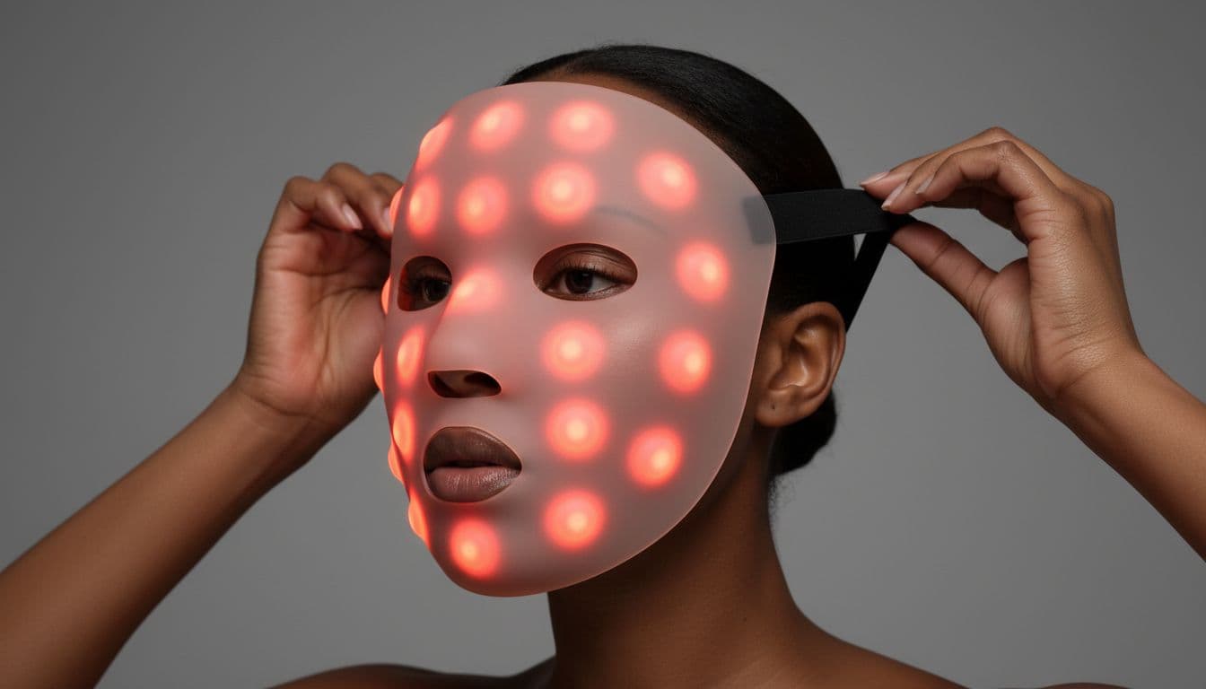 Model with medium-dark skin tone wearing a flexible red LED light therapy face mask glowing softly during treatment for uneven skin tone correction. Three-quarter view with hands adjusting straps, neutral gray background, and soft lighting highlighting skin improvements.