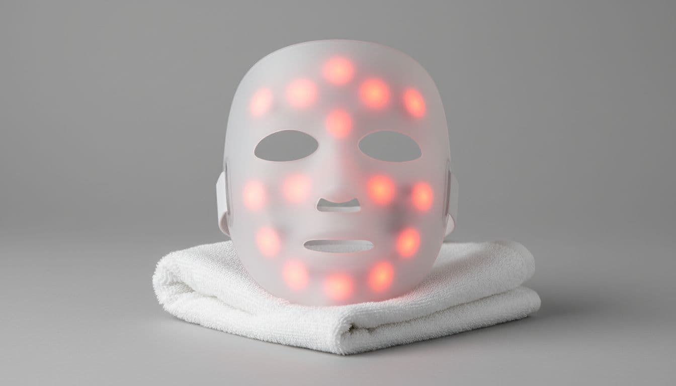 Front view of a red light therapy LED face mask for acne treatment on a neutral gray studio background with soft towel fold, interior lights gently glowing, centered composition with even lighting in professional editorial skincare style.
