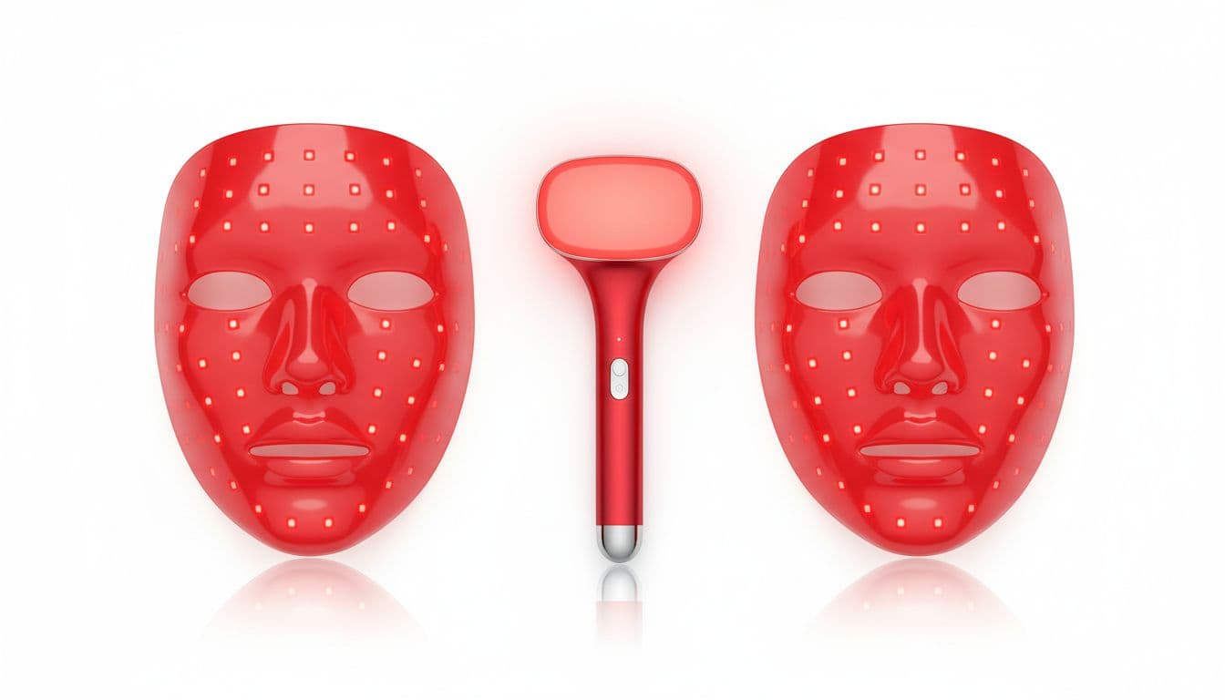 Selection of two red light therapy LED face masks and one wand neatly arranged on a clean white background, professional skincare product imagery.