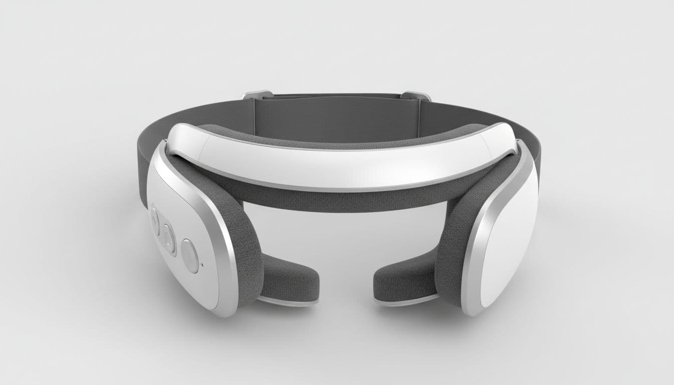 Professional product photo of RENPHO Eyeris 1 eye massager centered on plain light gray background, detailed view of device shape, buttons, and texture with even soft lighting.