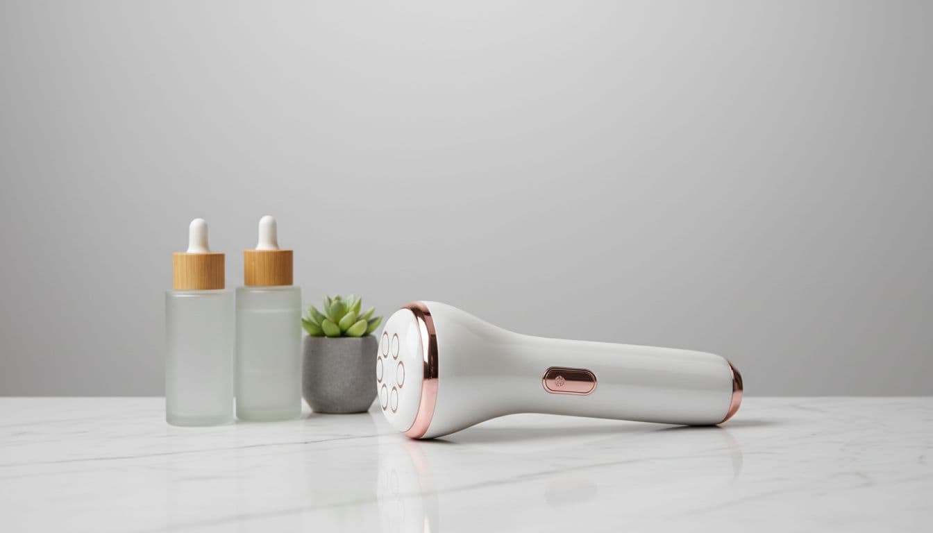 Professional editorial-style visual of a sleek handheld RF skin tightening device on a modern white marble bathroom vanity next to minimal skincare bottles and a small plant, with soft clinical lighting and neutral gray background.