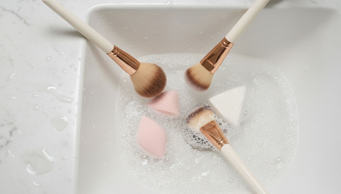 Overhead composition of exactly two makeup brushes and two skincare sponges being rinsed gently in soapy water in a sink on a vanity, professional clean editorial style with soft neutral tones and bright diffused lighting.