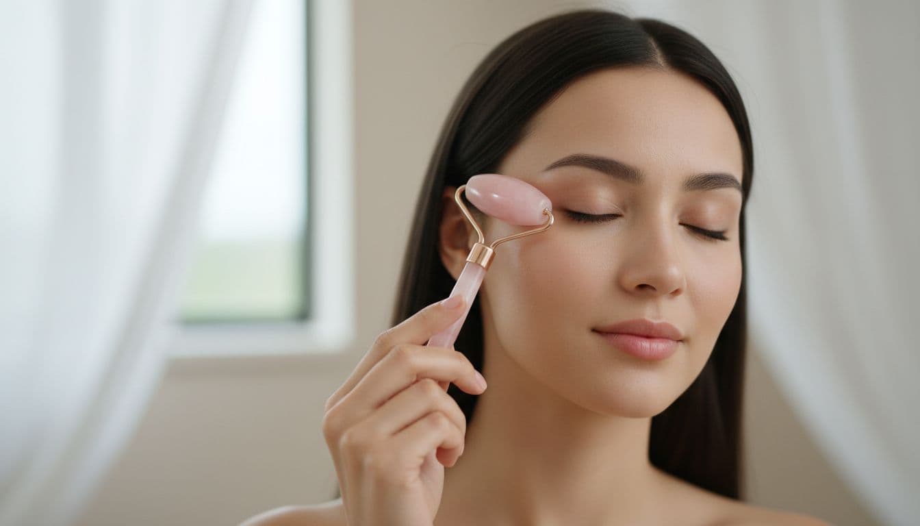 A woman's face in a serene spa environment with a rose quartz face roller gliding under the eye area, highlighting smooth skin and contouring effects under soft diffused lighting.