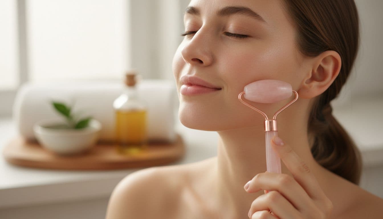 Woman's hands hold a rose quartz facial roller, gently rolling it upward along the jawline and cheek in a home spa setting, focusing on motion, skin texture, and natural indoor light.