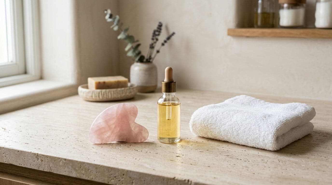 A photorealistic cozy countertop scene featuring a rose quartz gua sha tool next to a small bottle of facial oil and a folded white towel on a light stone surface, with soft natural lighting and clean luxury aesthetic.