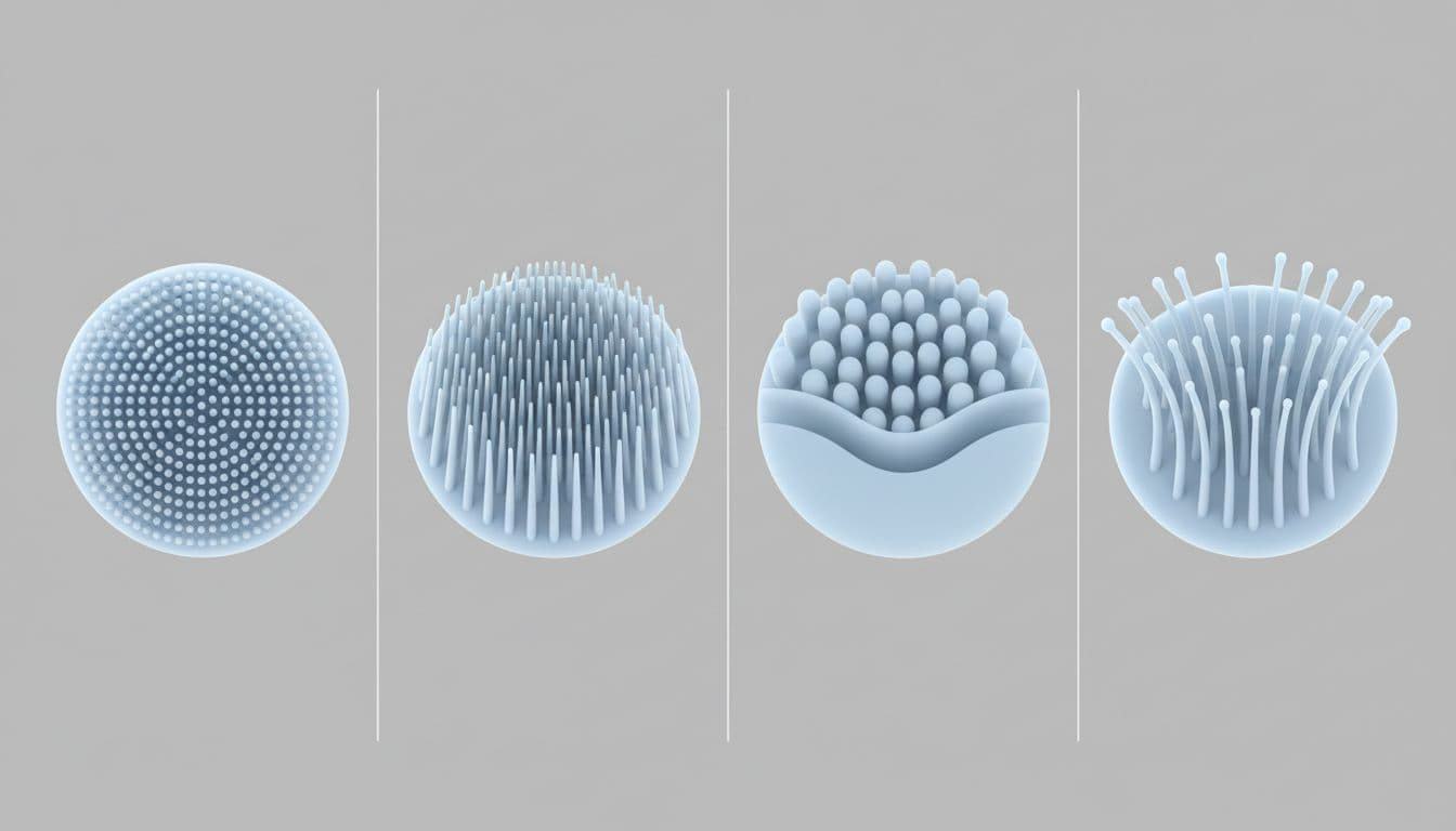 Side-by-side close-up comparison of four ultra-soft silicone facial cleansing brush heads for sensitive skin, showcasing varying bristle textures from short dense to longer sparse, top-down view on neutral gray background in infographic style with soft lighting.