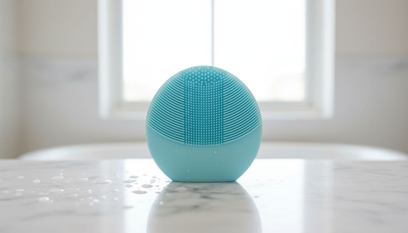 Silicone cleansing brush suitable for acne-prone skin on a clean white marble bathroom counter with subtle water droplets nearby, minimalist composition in bright natural daylight lighting.