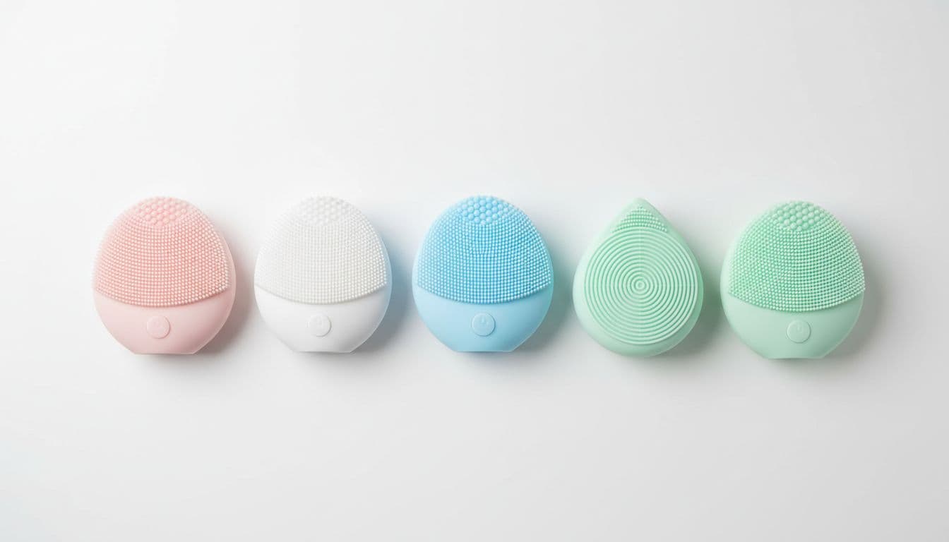Four high-quality silicone facial cleansing brushes for sensitive skin in pastel colors lined up neatly on a plain white background with clean minimalistic product photography.