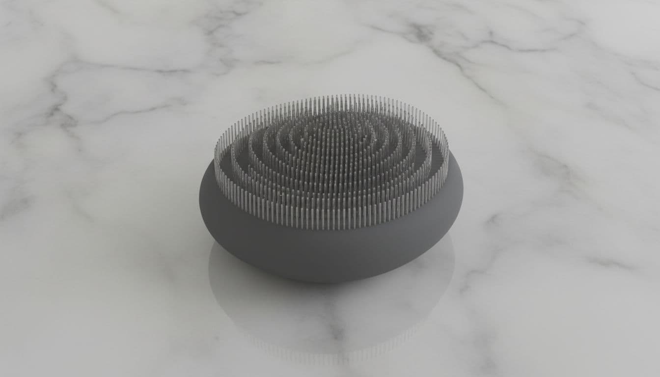 Close-up top-down view of a soft-bristled silicone facial cleansing brush for deep pore cleaning, positioned on a smooth neutral marble countertop in a premium clinical skincare aesthetic with diffused lighting.