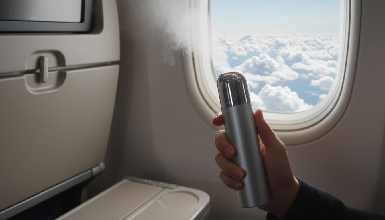 Silver portable nano mist sprayer held relaxed in hand near airplane window seat with clouds outside and mist emerging from nozzle.