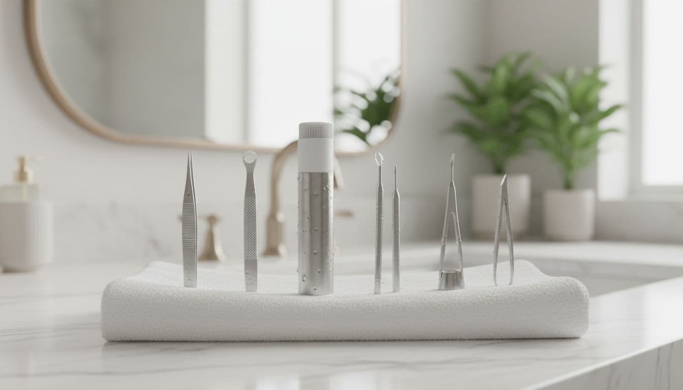 Five skincare tools, including tweezers, extraction tool, and facial cleansing device, neatly arranged and drying on a towel in a bright bathroom vanity with soft natural lighting and neutral tones.