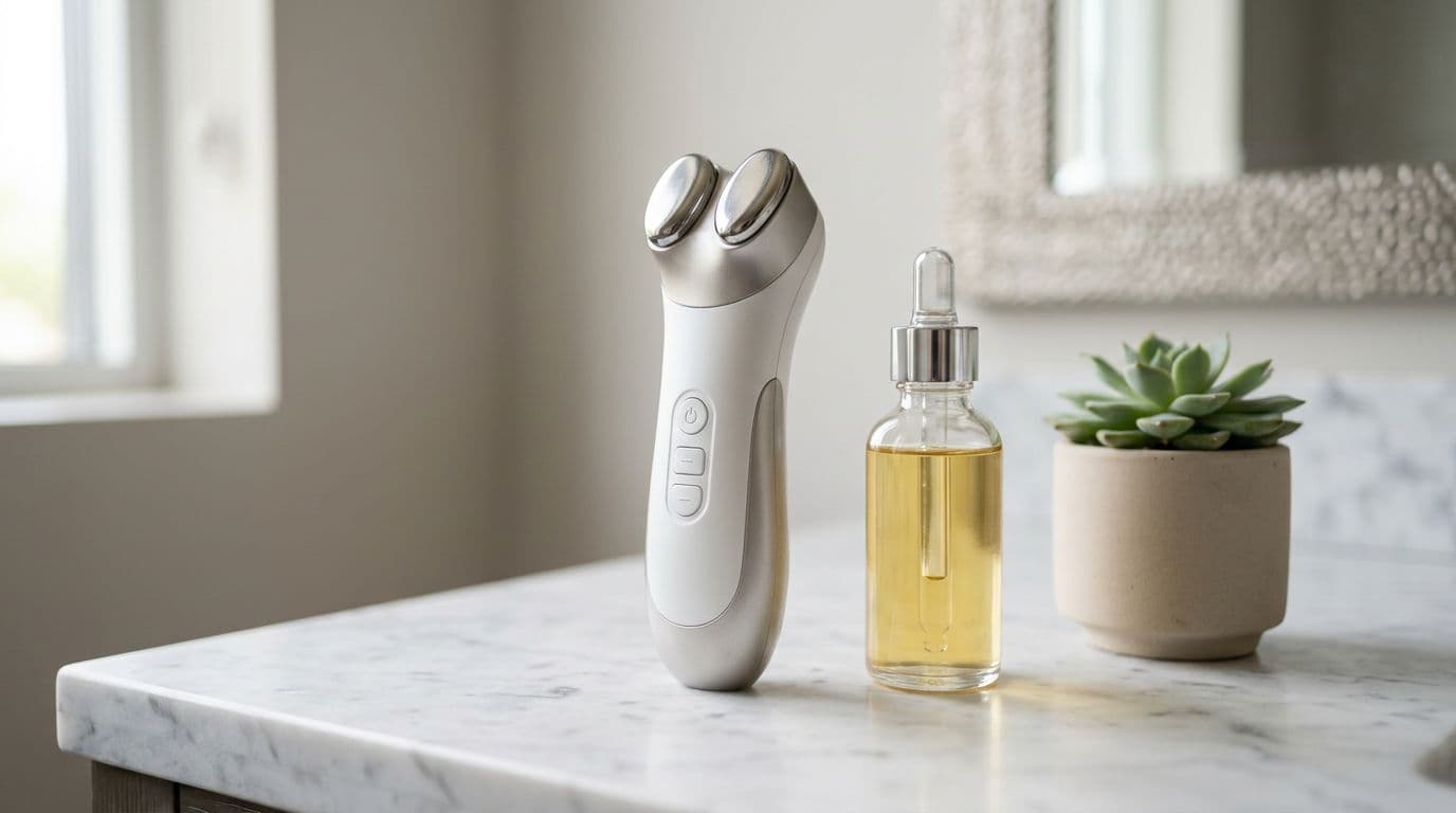 A sleek handheld microcurrent facial device with subtle metallic accents on a white marble vanity surface next to a clear glass serum bottle and small plant, featuring a clean modern dermatology med-spa aesthetic with neutral tones and soft natural lighting.