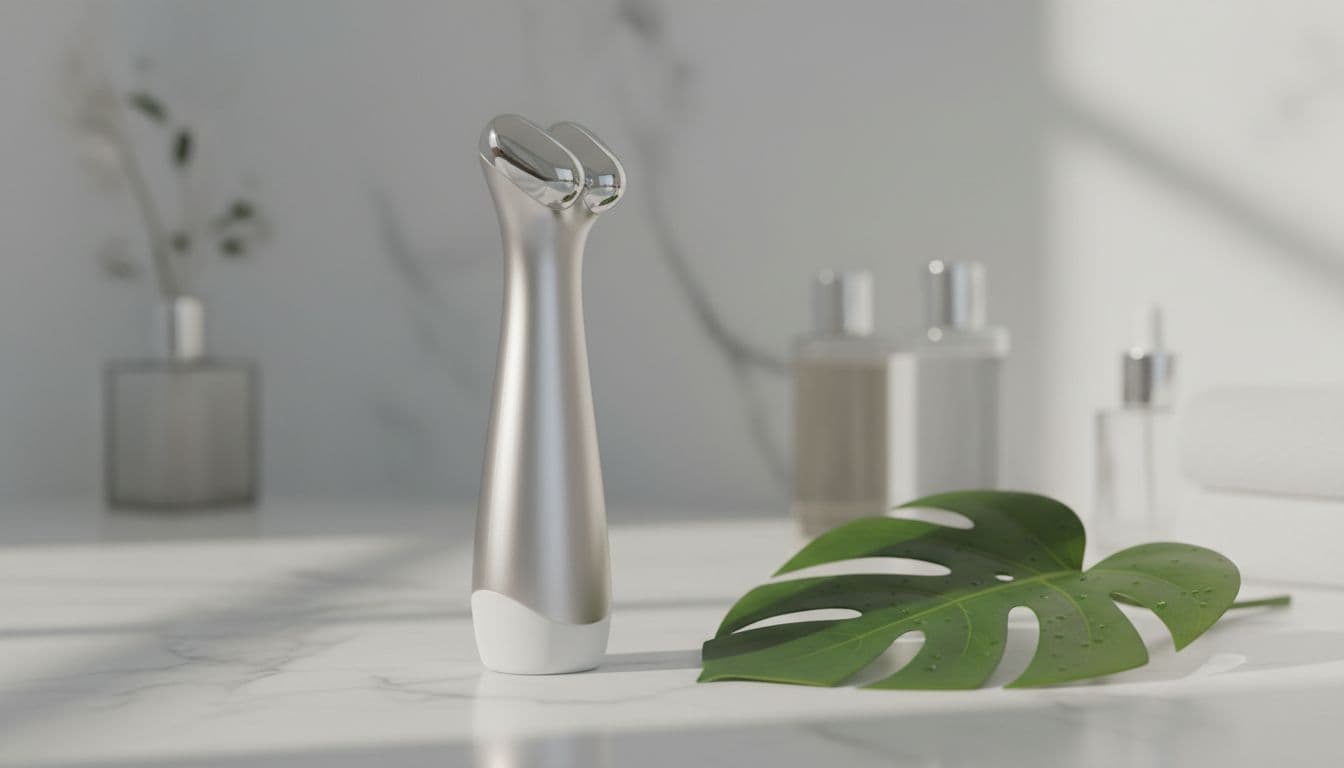 Sleek handheld microcurrent facial toning device upright on light marble surface next to a single green leaf, close-up in modern vanity setting with soft silver and neutral tones, sensitive-skin-friendly minimal composition.