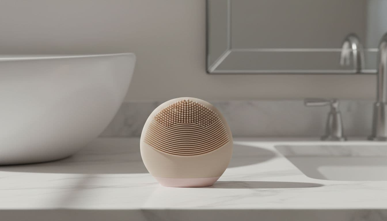 Soft silicone facial cleansing brush resting on a white marble vanity in a bright modern bathroom, close-up product-focused composition with soft neutral tones and sensitive-skin-friendly aesthetic.