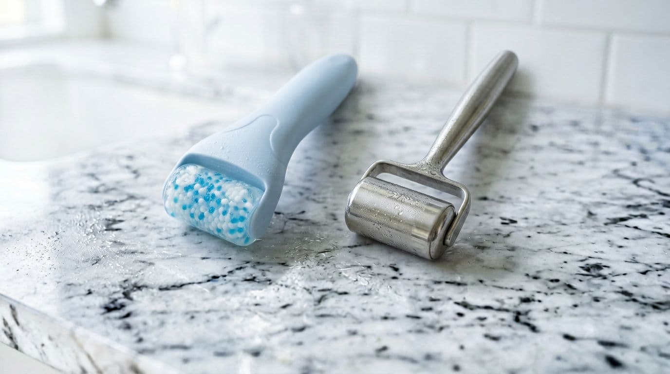 Stainless-steel ice roller and gel-filled ice roller on a neutral marble bathroom counter with soft morning light and condensation droplets. Modern clinical-luxe style featuring high-resolution details, soft shadows, and a muted cool palette of whites, grays, and pale blues.