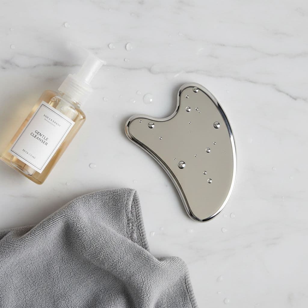 Professional close-up of a stainless steel gua sha tool on white marble surface with dish soap, soft cloth, and water droplets, illustrating easy post-use cleaning in a minimal premium aesthetic.