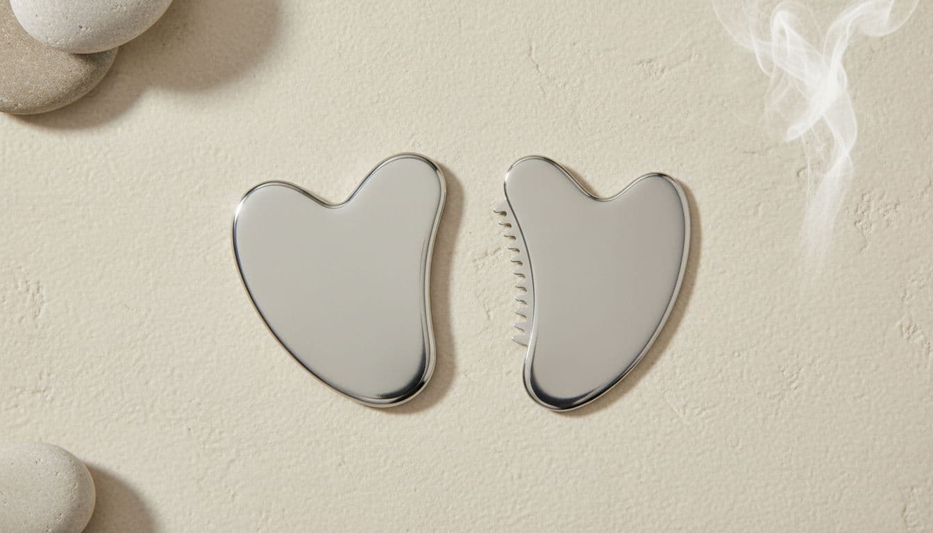 Professional close-up flat lay of Skin Gym Cryo Heart and Mount Lai stainless steel gua sha tools side by side on a neutral spa skincare background, highlighting premium quality and shapes for comparison.