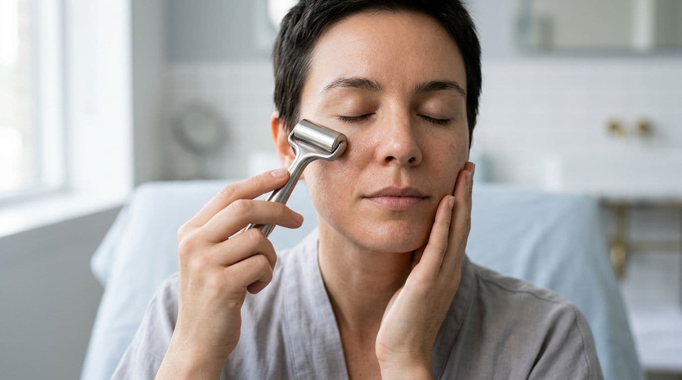 Close-up of a gender-neutral adult with short hair using a stainless steel ice roller on the under-eye area and cheek, showing minimal makeup, natural skin texture, and a calm relaxed expression in a modern clinical-luxe style.