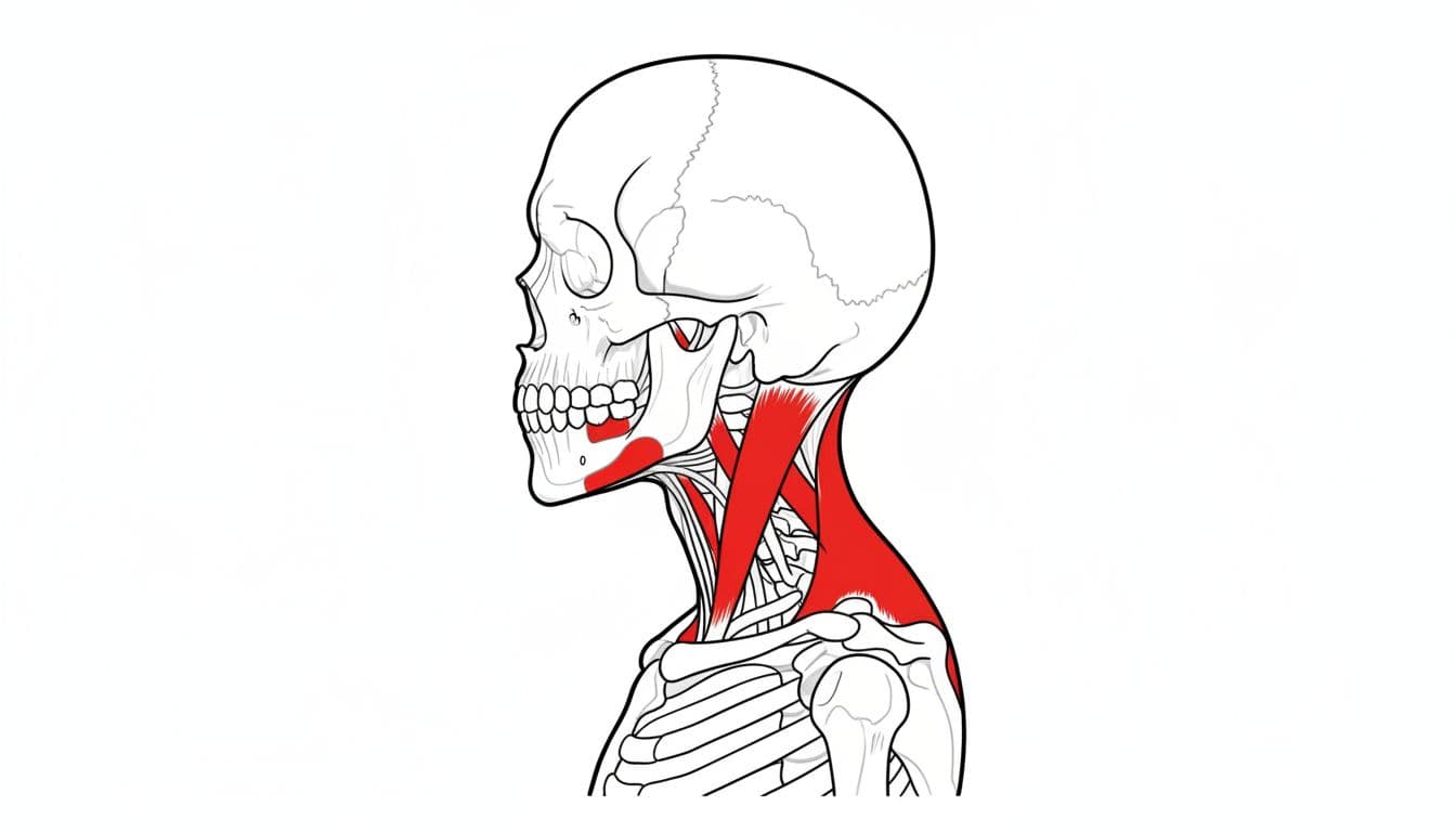 Anatomical line art diagram of human neck and lower jaw highlighting sternocleidomastoid, trapezius, and masseter muscles in red for common tension areas. Clean, detailed medical illustration in high contrast on white background, landscape format with no labels or figures.