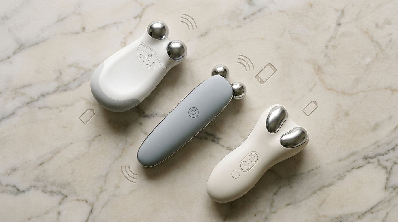 Overhead flat-lay composition of three generic handheld microcurrent facial devices arranged on beige marble with battery, wave intensity, and app connectivity icons in a clean med-spa aesthetic.