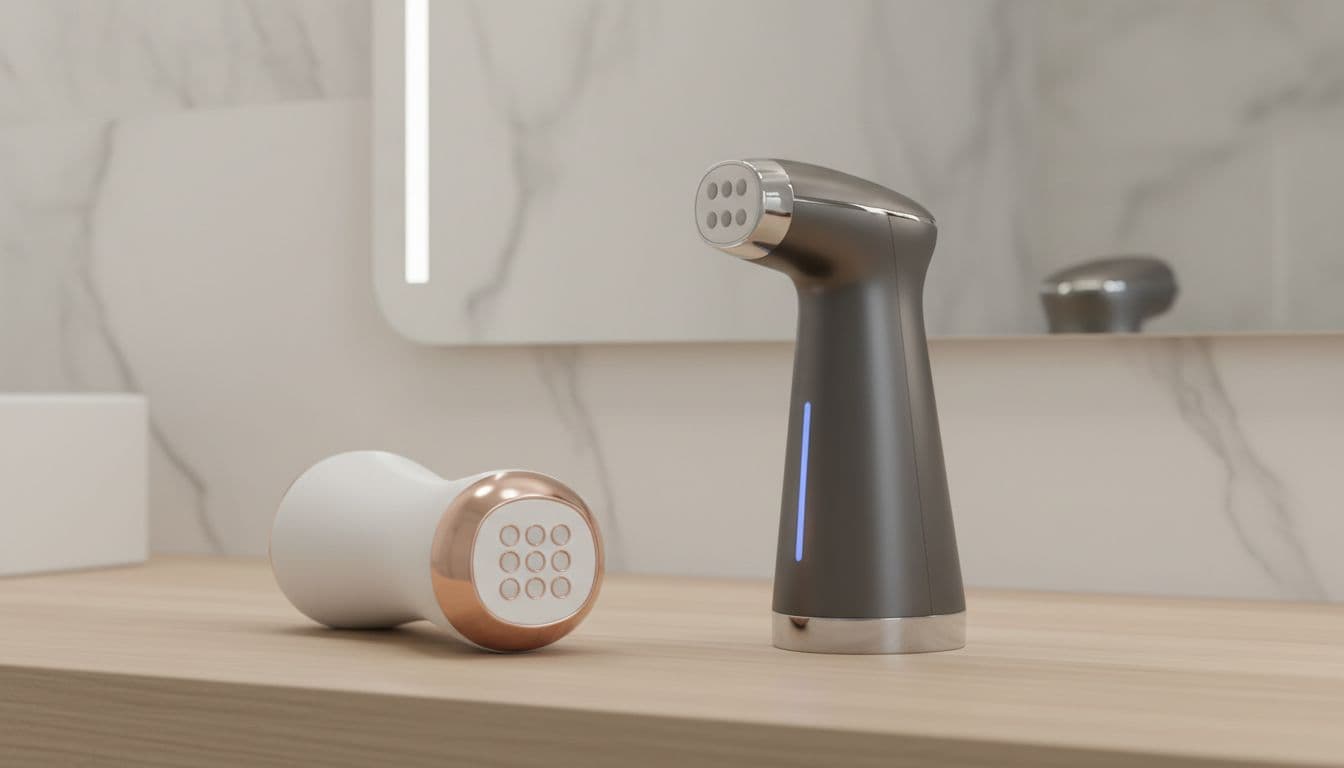 Professional editorial-style visuals of two different RF skin tightening devices side by side on a light wood surface in a contemporary bathroom, highlighting device designs and features with soft lighting and neutral tones.