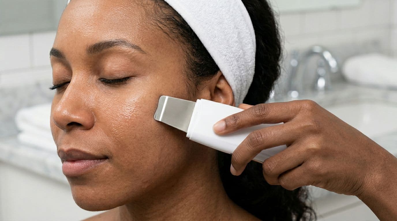 Photorealistic close-up of a hand holding an ultrasonic skin scrubber at 30-45 degree angle against the nose-cheek area of an adult model with medium-to-deep skin tone in a clean clinical bathroom, gentle technique and relaxed pose.