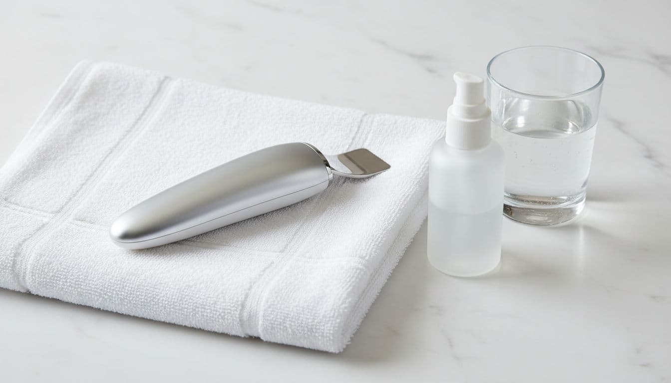 Close-up view of a handheld ultrasonic skin scrubber on a clean white towel beside facial cleanser bottle and water glass in minimalist bathroom counter.