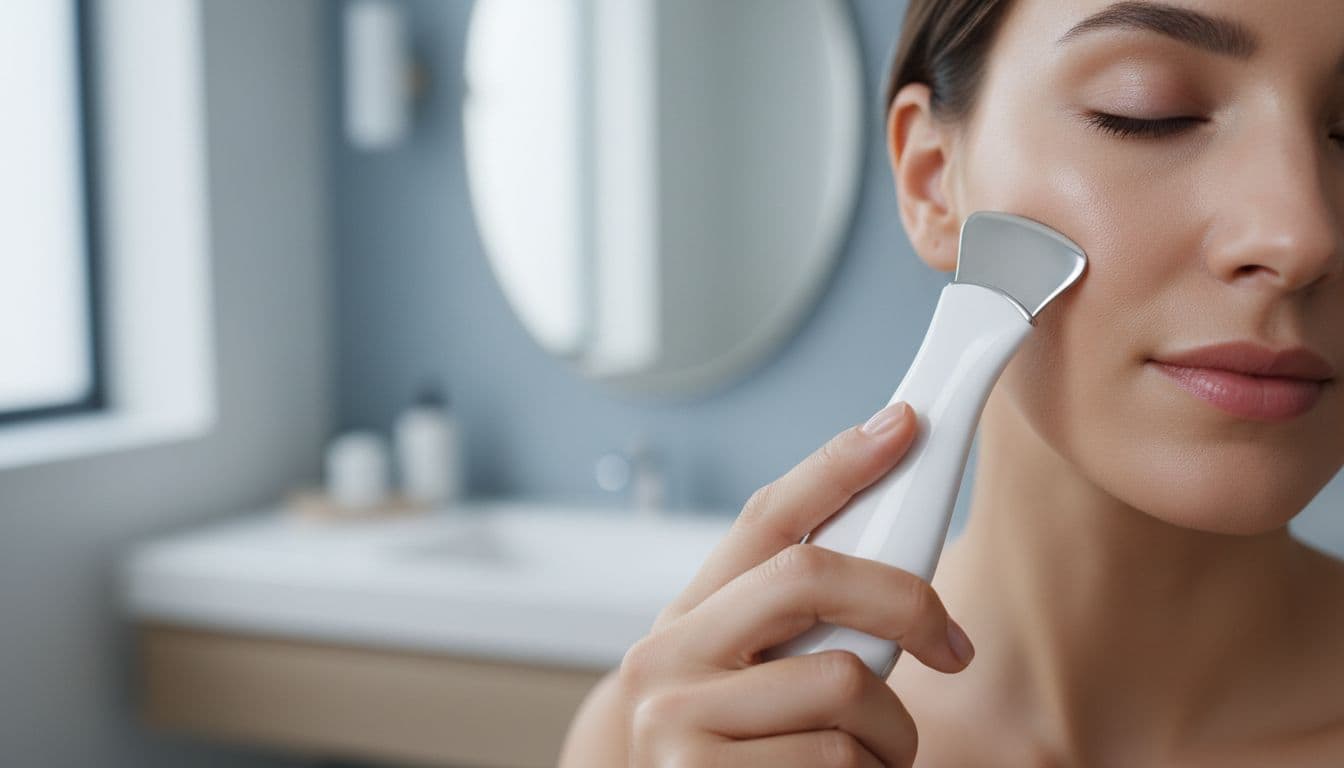 Close-up of a woman's clean face with a handheld ultrasonic skin scrubber gently touching her cheek in a modern bathroom vanity with soft daylight, focusing on safe everyday use.